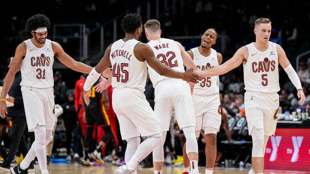 Jan 20, 2024; Atlanta, Georgia, USA; Cleveland Cavaliers players react during a timeout against the Atlanta Hawks during the second half at State Farm Arena.